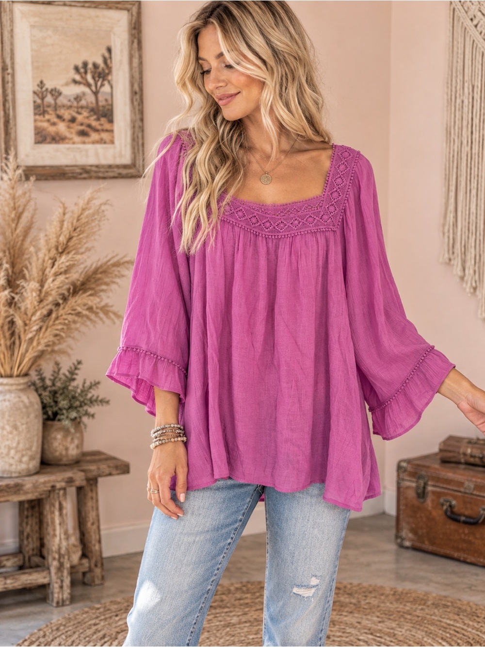 Zac & Rachel Magenta Boho Square Neck Tunic